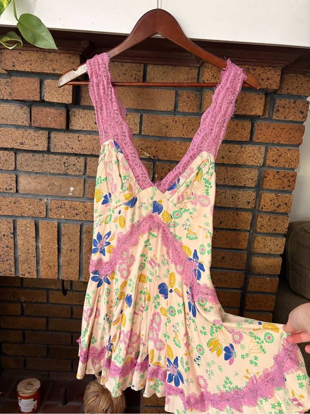 Urban Outfitters Floral Lace-Trim Slip Dress in Cream, Pink & Blue